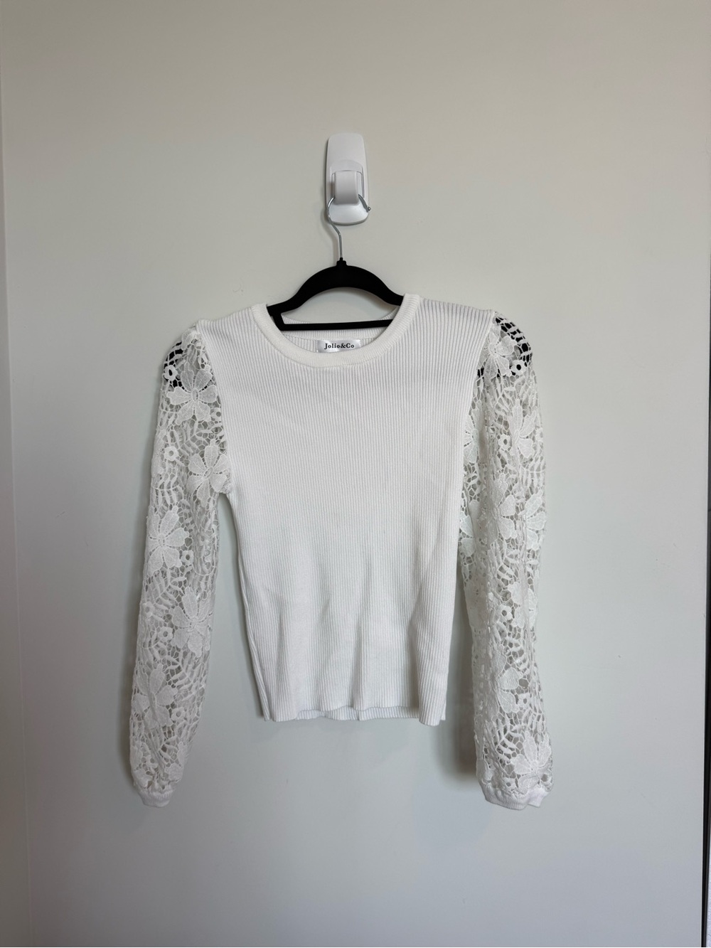 White Lace-Sleeve Ribbed Knit Top